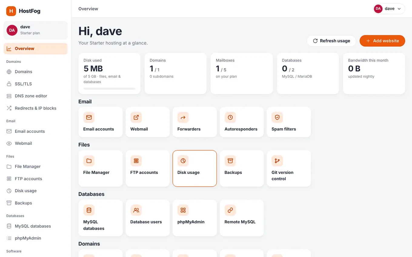 The HostFog Control Panel overview