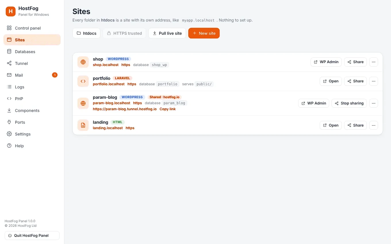 HostFog Panel desktop app: sites