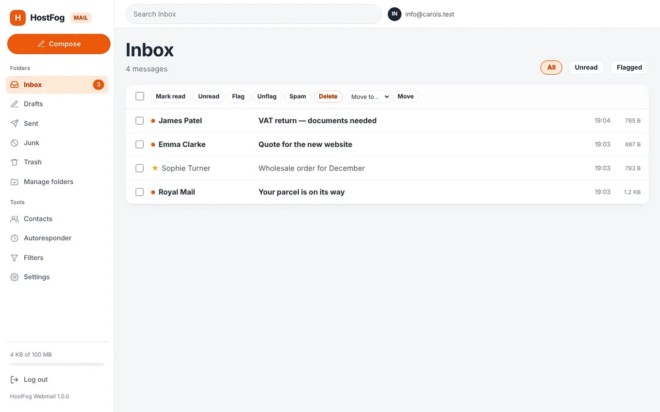 HostFog Webmail inbox